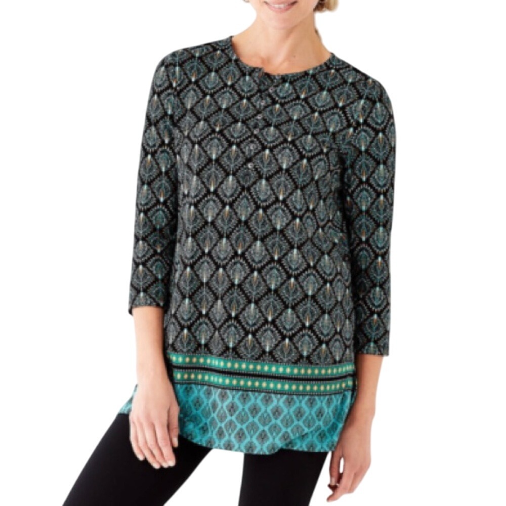 J Jill Black Teal‎ Geometric Print Tunic Top 3/4 Sleeve Pullover Women Small